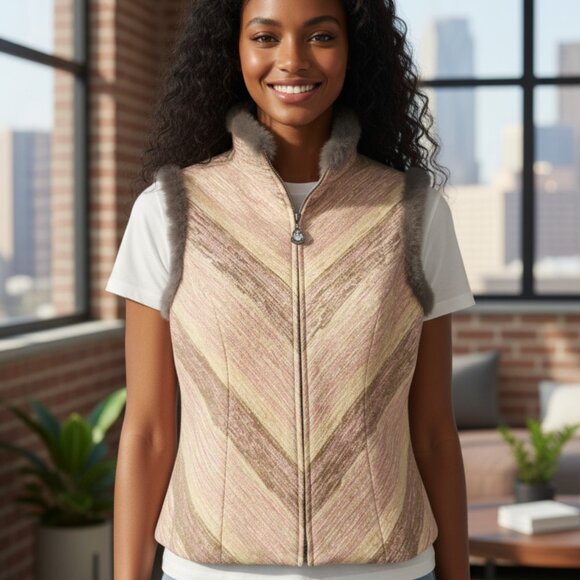 Bianco Couture Tweed Rabbit Fur Trim Full Zip Lined Vest STUNNING! - Picture 1 of 7